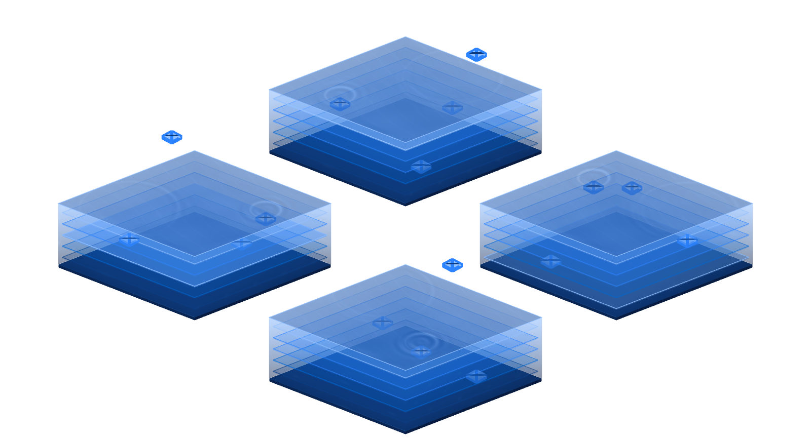 Four blue diamond lakes with water above five layers of stored data.