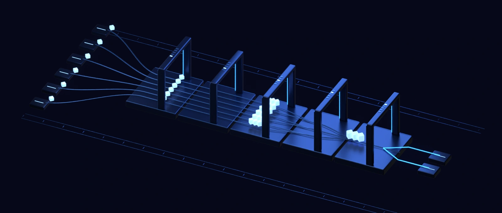 Six blue data streams converge through five processing gates into one pipeline, then land in a layered lake diamond.
